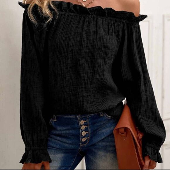 67. Ruffle hem off shoulder blouse green, black, or tan - Picture 3 of 5
